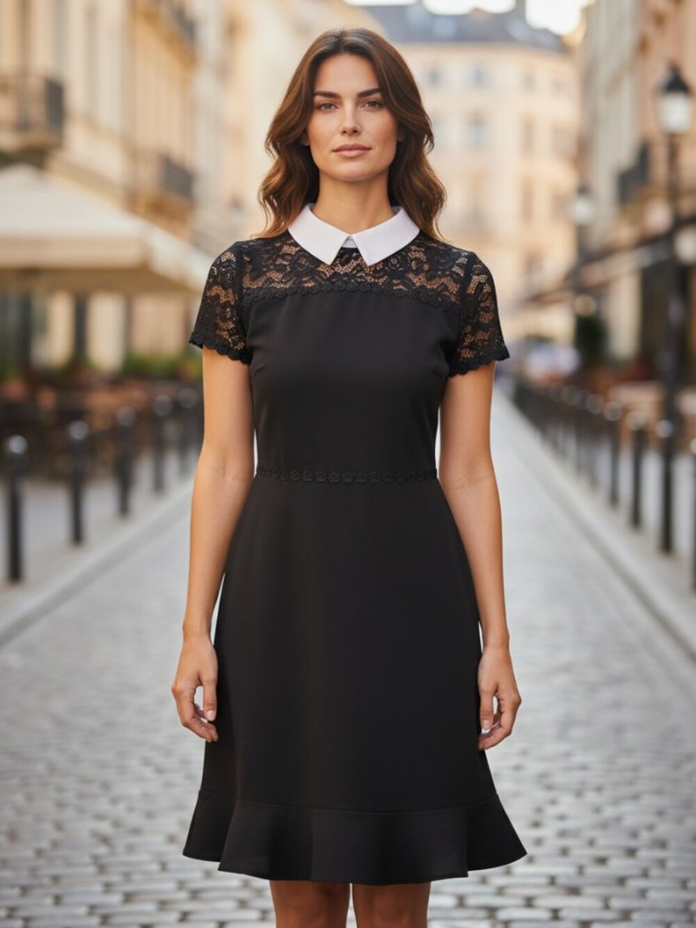 Shelby & Palmer Black w/ White Collar Dress Sz 8 Lace, Ruffle, Flower Trim 113V